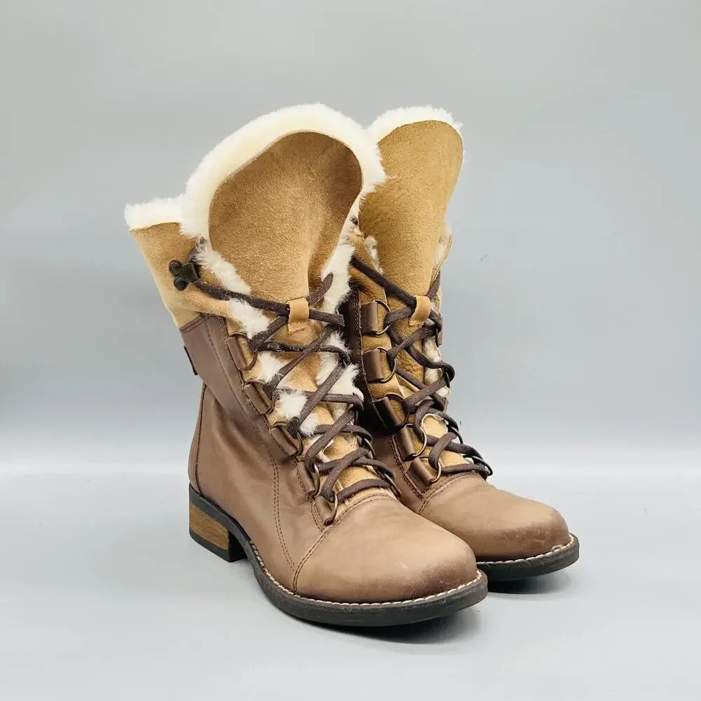 Luxe De León Boots Womens 6.5 Brown Leather Shearling Lace Up Mid Calf Shoes
